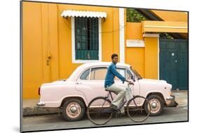 Male Cyclist and Ambassador Car, Pondicherry (Puducherry), Tamil Nadu, India-Peter Adams-Mounted Photographic Print