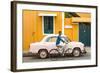 Male Cyclist and Ambassador Car, Pondicherry (Puducherry), Tamil Nadu, India-Peter Adams-Framed Photographic Print