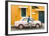 Male Cyclist and Ambassador Car, Pondicherry (Puducherry), Tamil Nadu, India-Peter Adams-Framed Photographic Print