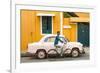 Male Cyclist and Ambassador Car, Pondicherry (Puducherry), Tamil Nadu, India-Peter Adams-Framed Photographic Print