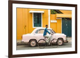 Male Cyclist and Ambassador Car, Pondicherry (Puducherry), Tamil Nadu, India-Peter Adams-Framed Photographic Print