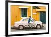 Male Cyclist and Ambassador Car, Pondicherry (Puducherry), Tamil Nadu, India-Peter Adams-Framed Photographic Print