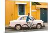 Male Cyclist and Ambassador Car, Pondicherry (Puducherry), Tamil Nadu, India-Peter Adams-Mounted Photographic Print