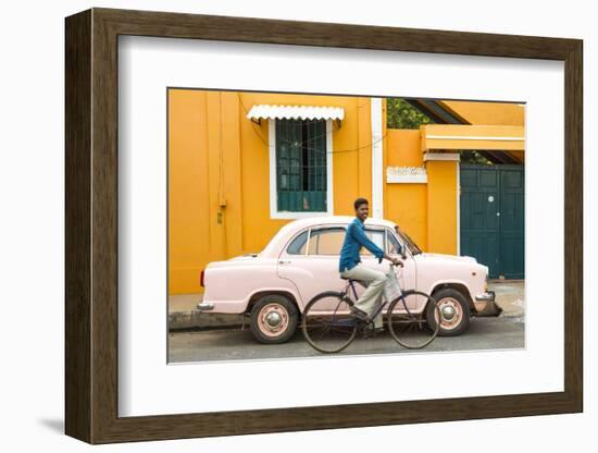 Male Cyclist and Ambassador Car, Pondicherry (Puducherry), Tamil Nadu, India-Peter Adams-Framed Photographic Print