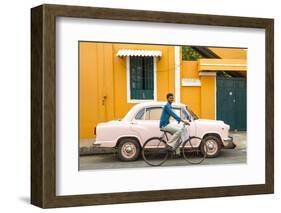 Male Cyclist and Ambassador Car, Pondicherry (Puducherry), Tamil Nadu, India-Peter Adams-Framed Photographic Print