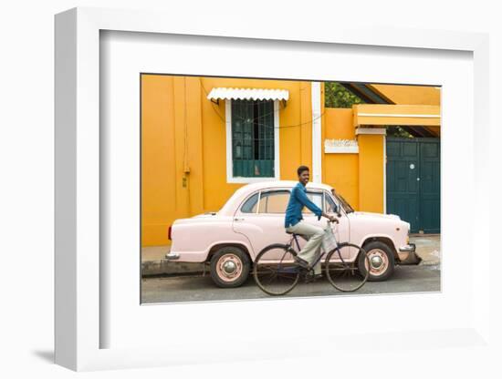 Male Cyclist and Ambassador Car, Pondicherry (Puducherry), Tamil Nadu, India-Peter Adams-Framed Photographic Print