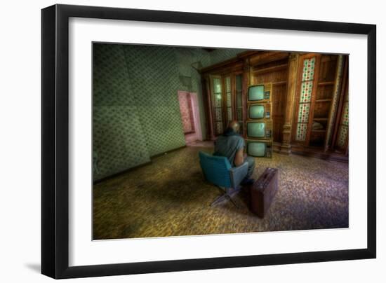 Male Figure in Abandoned Building with Televisions-Nathan Wright-Framed Photographic Print