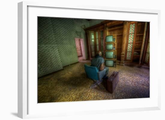 Male Figure in Abandoned Building with Televisions-Nathan Wright-Framed Photographic Print