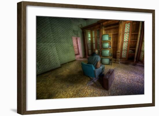 Male Figure in Abandoned Building with Televisions-Nathan Wright-Framed Photographic Print