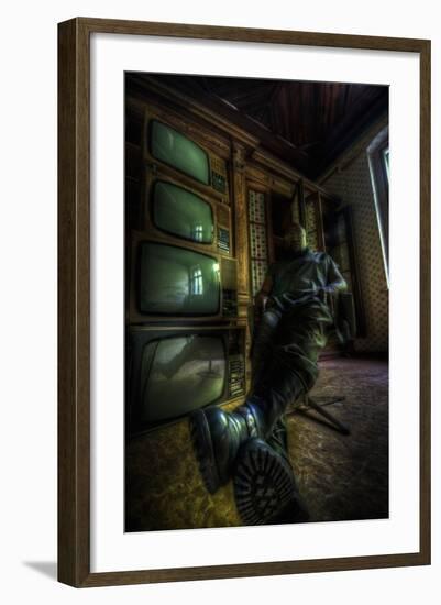 Male Figure in Abandoned Building with Televisions-Nathan Wright-Framed Photographic Print