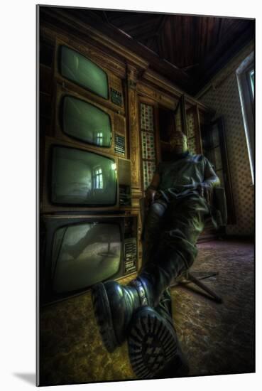 Male Figure in Abandoned Building with Televisions-Nathan Wright-Mounted Photographic Print