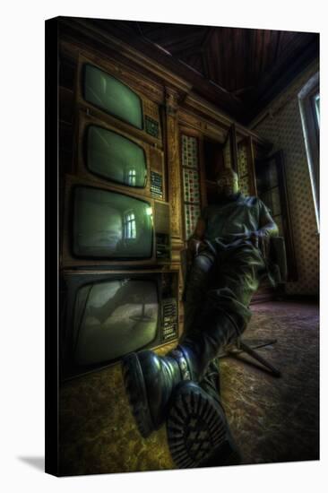 Male Figure in Abandoned Building with Televisions-Nathan Wright-Stretched Canvas