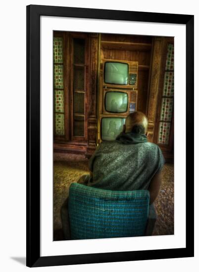 Male Figure in Abandoned Building with Televisions-Nathan Wright-Framed Photographic Print