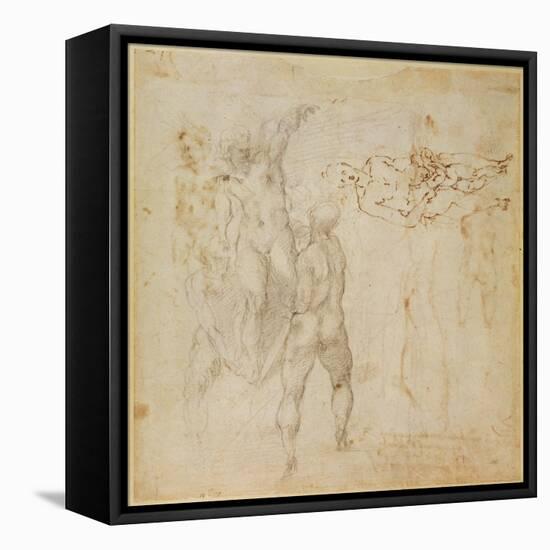 Male Group and Seated Figure with Child (Pen and Ink, Charcoal)-Michelangelo Buonarroti-Framed Stretched Canvas