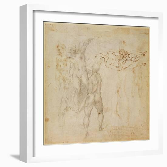 Male Group and Seated Figure with Child (Pen and Ink, Charcoal)-Michelangelo Buonarroti-Framed Giclee Print