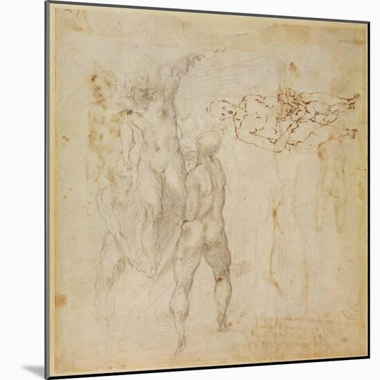 Male Group and Seated Figure with Child (Pen and Ink, Charcoal)-Michelangelo Buonarroti-Mounted Giclee Print