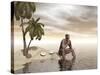 Male Homo Erectus Sitting Alone on a Beach Island Next to Coconuts-null-Stretched Canvas