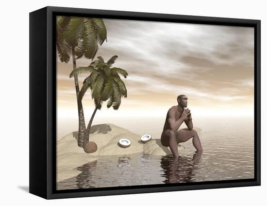 Male Homo Erectus Sitting Alone on a Beach Island Next to Coconuts-null-Framed Stretched Canvas