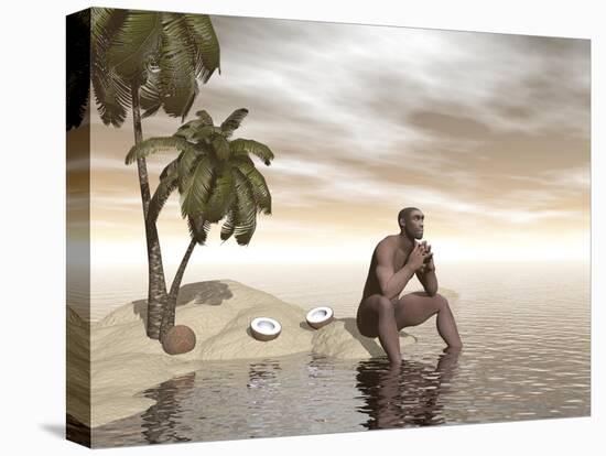 Male Homo Erectus Sitting Alone on a Beach Island Next to Coconuts-null-Stretched Canvas