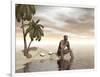 Male Homo Erectus Sitting Alone on a Beach Island Next to Coconuts-null-Framed Art Print