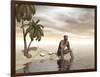 Male Homo Erectus Sitting Alone on a Beach Island Next to Coconuts-null-Framed Art Print