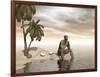 Male Homo Erectus Sitting Alone on a Beach Island Next to Coconuts-null-Framed Art Print