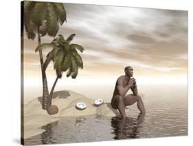 Male Homo Erectus Sitting Alone on a Beach Island Next to Coconuts-null-Stretched Canvas