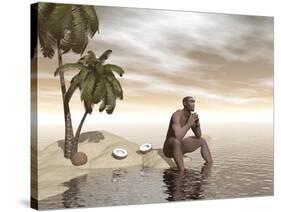 Male Homo Erectus Sitting Alone on a Beach Island Next to Coconuts-null-Stretched Canvas