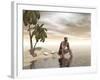 Male Homo Erectus Sitting Alone on a Beach Island Next to Coconuts-null-Framed Art Print