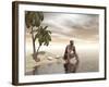 Male Homo Erectus Sitting Alone on a Beach Island Next to Coconuts-null-Framed Art Print