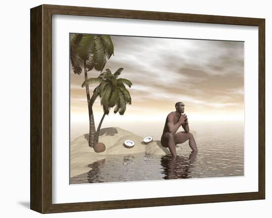 Male Homo Erectus Sitting Alone on a Beach Island Next to Coconuts-null-Framed Art Print