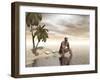 Male Homo Erectus Sitting Alone on a Beach Island Next to Coconuts-null-Framed Art Print