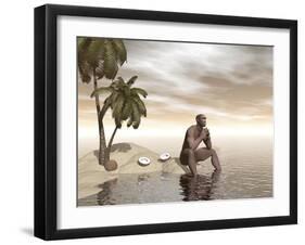 Male Homo Erectus Sitting Alone on a Beach Island Next to Coconuts-null-Framed Art Print