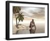 Male Homo Erectus Sitting Alone on a Beach Island Next to Coconuts-null-Framed Art Print