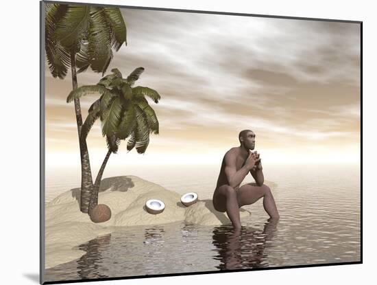 Male Homo Erectus Sitting Alone on a Beach Island Next to Coconuts-null-Mounted Art Print