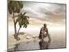 Male Homo Erectus Sitting Alone on a Beach Island Next to Coconuts-null-Mounted Art Print