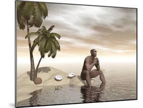 Male Homo Erectus Sitting Alone on a Beach Island Next to Coconuts-null-Mounted Art Print