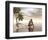 Male Homo Erectus Sitting Alone on a Beach Island Next to Coconuts-null-Framed Art Print