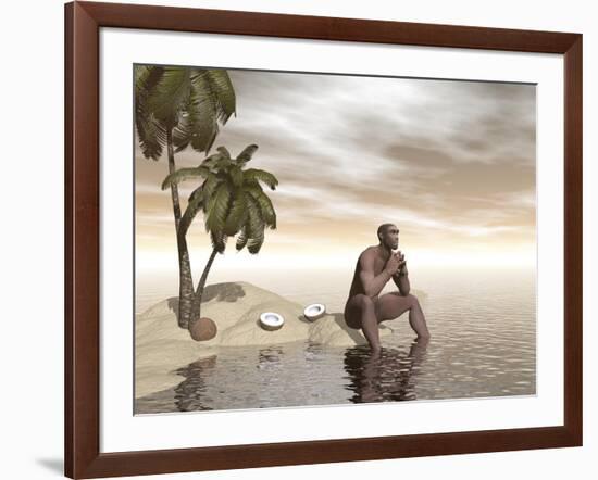 Male Homo Erectus Sitting Alone on a Beach Island Next to Coconuts-null-Framed Art Print