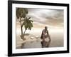 Male Homo Erectus Sitting Alone on a Beach Island Next to Coconuts-null-Framed Art Print