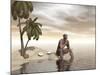 Male Homo Erectus Sitting Alone on a Beach Island Next to Coconuts-null-Mounted Art Print