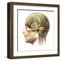 Male Human Head with Skull and Artificial Electronic Circuit Brain-null-Framed Art Print