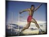 Male Jogger Leaping in a Field-null-Mounted Photographic Print