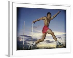 Male Jogger Leaping in a Field-null-Framed Photographic Print