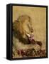 Male Lion Eating a Blue Wildebeest, Masai Mara National Reserve, Kenya, East Africa-James Hager-Framed Stretched Canvas