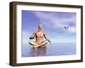 Male Musculature in Lotus Position While Looking at a Little Bird Flying-null-Framed Art Print