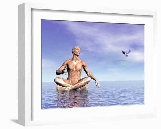 Male Musculature in Lotus Position While Looking at a Little Bird Flying-null-Framed Art Print