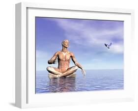 Male Musculature in Lotus Position While Looking at a Little Bird Flying-null-Framed Art Print