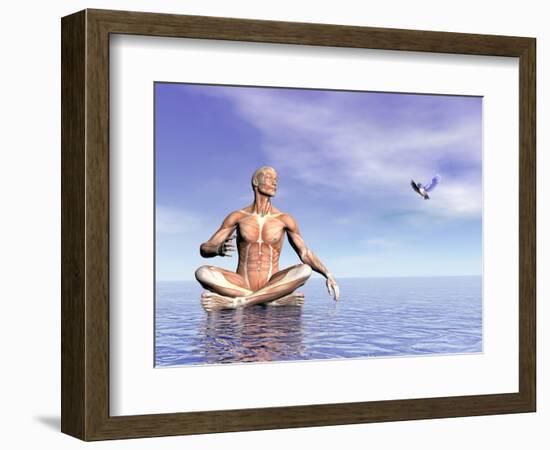 Male Musculature in Lotus Position While Looking at a Little Bird Flying-null-Framed Art Print