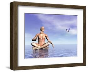 Male Musculature in Lotus Position While Looking at a Little Bird Flying-null-Framed Art Print